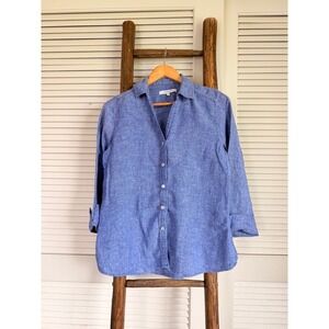 Foxcroft Button Down Shirt Womens M Blue Excellent Linen 3/4 Sleeve NYC